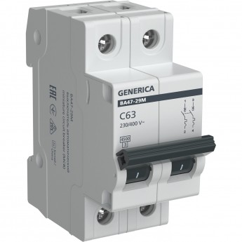 Автоматический выключатель IEK GENERICA ВА47-29М 2P 63А 4,5кА C Автоматический выключатель IEK GENERICA ВА47-29М 2P 63А 4,5кА C