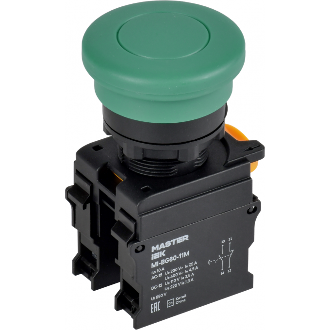 Кнопка IEK MASTER MI-BG60-11M-3-21-K06 "Грибок" без фиксации d=22мм 1NO+1NC зелёная MI-BG60-11M-3-21-K006