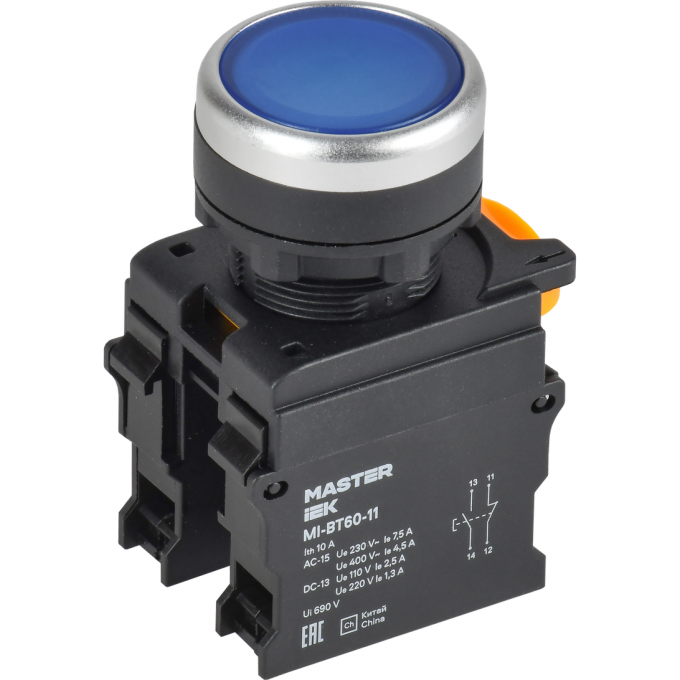 Кнопка IEK MASTER MI-BT60-11-3-22-K07 d=22мм 1NO+1NC синяя MI-BT60-11-33-22-K07