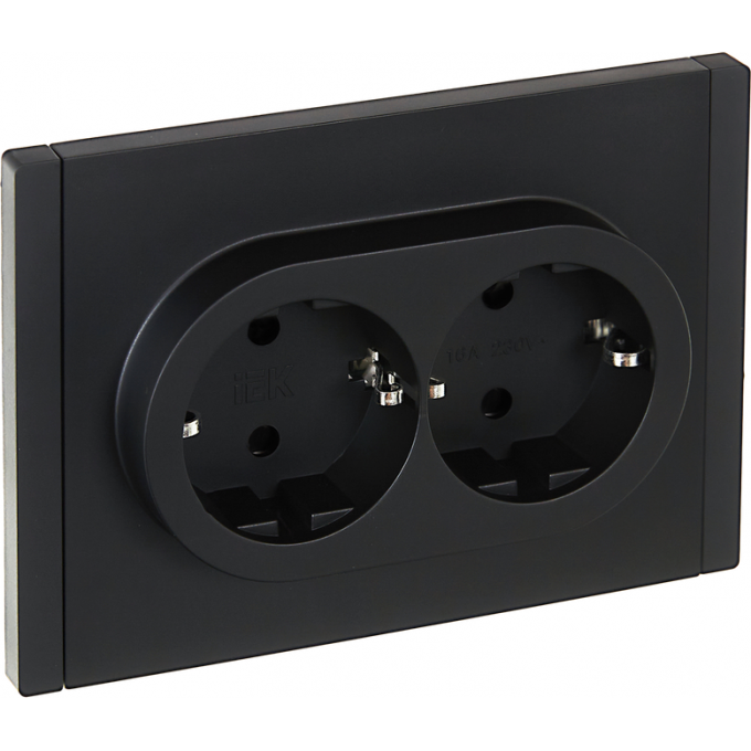 Розетка 2-местная IEK FORTEPIANO с заземлением, с защитными шторками, безвинтовое крепление, 16А FP123 черный FP-R24-16-1-K02