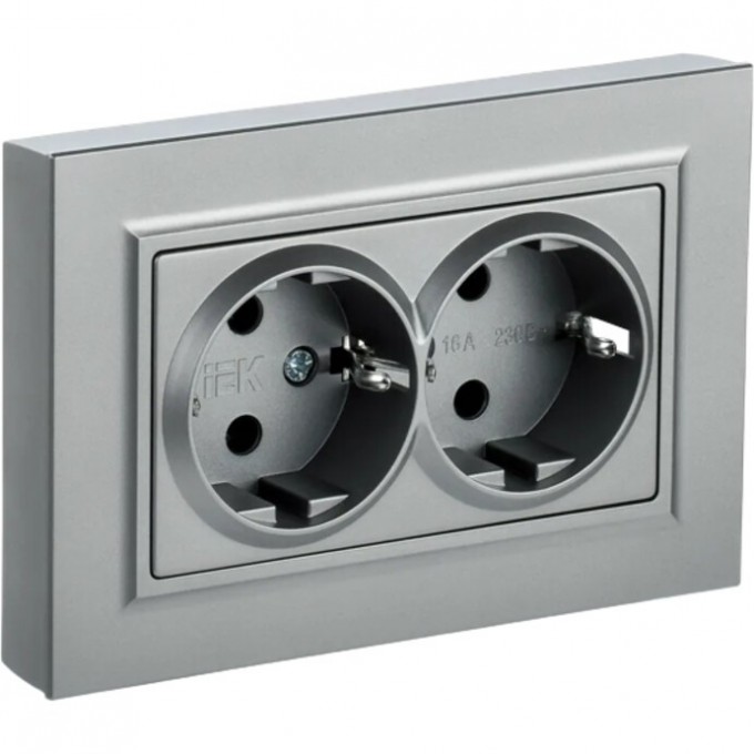 Розетка 2-местная с заземлением с защитными шторками 16А в сборе РСш12-3-БрА алюминий IEK BRITE BR-R24-16-K47-F