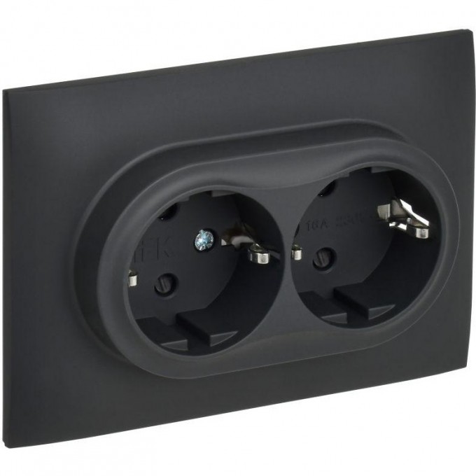 Розетка 2-постовая IEK SKANDY SK-R07G 16А с заземлением/защитные шторки, в сборе, графит SK-R24-16-K53-F