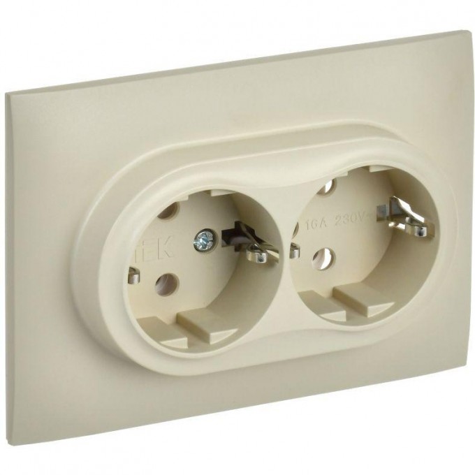 Розетка 2-постовая IEK SKANDY SK-R08B 16А с заземлением/без шторок, в сборе, бежевый SK-R21-16-K10-F