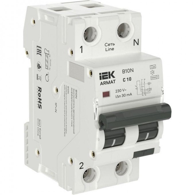 Выключатель автоматический дифференциального тока IEK ARMAT АВДТ B10N 2п (1P+NP) C 10 30мА тип A AR-B10N-1N-C010A030