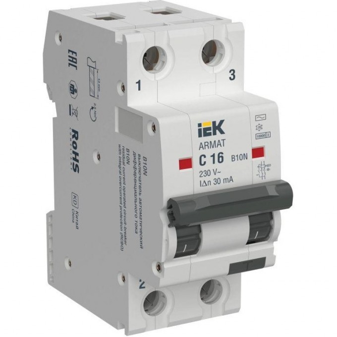 Выключатель автоматический дифференциального тока IEK ARMAT B10N 2P C16 30мА тип AC AR-B10N-2-C016C030