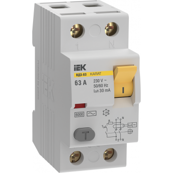 Выключатель дифференциальный (УЗО) IEK KARAT ВД3-63 2P 63А 30мА 6кА тип AC Выключатель дифференциальный (УЗО) IEK KARAT ВД3-63 2P 63А 30мА 6кА тип AC